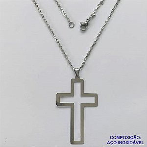 GARGANTILHA EM AÇO INOXIDÁVEL - (AÇO1012) GARGANTILHA COM CORRENTE TIJOLINHO 60CM E PINGENTE CRUCIFIXO VAZADO 28X44MM - FECHO LAGOSTA - COMPOSIÇÃO 100% AÇO INOXIDÁVEL- AÇO1030