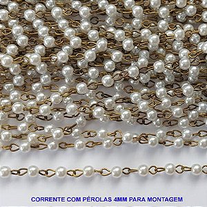 CORRENTE NO BRUTO PRONTA PARA O BANHO - CORRENTE COM PÉROLAS REDONDAS 4MM - COMPOSIÇÃO LATÃO/PÉROLA - (VENDIDA POR METRO) - BRU12874