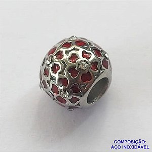 BERLOQUE EM AÇO INOXIDÁVEL (CX27) - BERLOQUE PARA PULSEIRAS TIPO PANDORA - REDONDO COM ZIRCÔNIAS VERMELHAS E CRISTAIS 10MM (BQ002548) - COMPOSIÇÃO 100% AÇO INOXIDÁVEL - AÇO1056