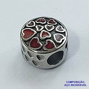 BERLOQUE EM AÇO INOXIDÁVEL (CX27) - BERLOQUE PARA PULSEIRAS TIPO PANDORA - REDONDO COM CORAÇÕES VERMELHOS 11MM (BQ002539 C503) - COMPOSIÇÃO 100% AÇO INOXIDÁVEL - AÇO1058