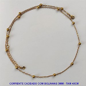 CORRENTE NO BRUTO PRONTO PARA O BANHO - CORRENTE CADEADO COM BOLINHAS 3MM - TAMANHO 45CM + EXTENSOR - PESO 2,5GR - BRU12882