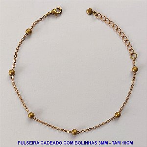 PULSEIRA NO BRUTO PRONTO PARA O BANHO - CORRENTE CADEADO COM BOLINHAS 3MM - TAMANHO 18CM + EXTENSOR - PESO 1,5GR - BRU12886
