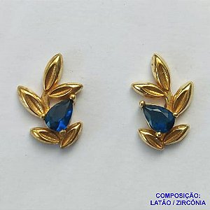 BRINCO NO BRUTO PRONTO BANHO (CX27) - BRINCO DE PINO FOLHAS COM ZIRCÔNIA AZUL (BX001658 C001) - TAMANHO 10X16MM - PESO TOTAL 2GR - BRU12887