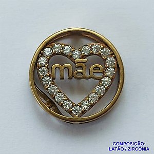 PINGENTE NO BRUTO PRONTO PARA O BANHO (CX31) - PINGENTE REDONDO COM CORAÇÃO CRAVEJADO EM MICRO ZIRCÔNIAS E PALAVRA MÃE 17MM - PESO TOTAL 2GR - COMPOSIÇÃO: LATÃO / ZIRCÔNIA - BRU0002301