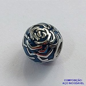 BERLOQUE EM AÇO INOXIDÁVEL (CX37)- BERLOQUE PARA PULSEIRAS TIPO PANDORA - REDONDO FLOR AZUL 10MM (BQ002174 C001) - COMPOSIÇÃO 100% AÇO INOXIDÁVEL - AÇO1082