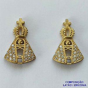 BRINCO NO BRUTO PRONTO PARA O BANHO (CX36) - BRINCO DE PINO NOSSA SRA APARECIDA CRAVEJADO COM ZIRCÔNIAS CRISTAIS - TAMANHO 12X18MM - PESO TOTAL 2GR - BRU0002336