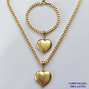 CONJUNTO NO BRUTO PRONTO PARA O BANHO - GARGANTILHA E PULSEIRA COM CORRENTE QUADRADINHA 3,5MM E PINGENTE CORAÇÃO DUPLO 25MM - GARGANTILHA TAMANHO 45CM E PULSEIRA 18CM FECHO LAGOSTA - PESO TOTAL 38,9GR - COMPOSIÇÃO: LATÃO - BRU13027