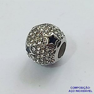 BERLOQUE EM AÇO INOXIDÁVEL (CX27) - BERLOQUE PARA PULSEIRAS TIPO PANDORA - REDONDO CRAVEJADO EM MICROS ZIRCÔNIAS E ESTRELAS 10MM (BQ002186 C001) - COMPOSIÇÃO 100% AÇO INOXIDÁVEL - AÇO1098