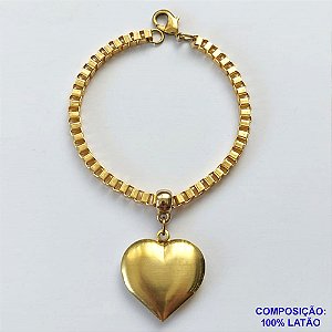 PULSEIRA NO BRUTO PRONTO PARA O BANHO - PULSEIRA COM CORRENTE QUADRADINHA 3,5MM E PINGENTE CORAÇÃO DUPLO 25MM - TAMANHO: 18CM - FECHO LAGOSTA - PESO TOTAL 13,7GR - BRU13051