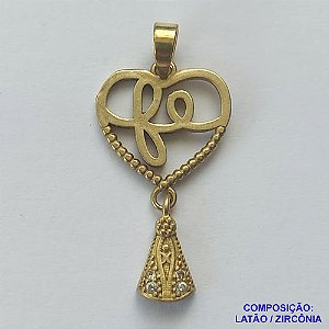 PINGENTE NO BRUTO PRONTO PARA O BANHO - PINGENTE CORAÇÃO VAZADO COM PALAVRA FÉ E IMAGEM NOSSA SRA APARECIDA CRAVEJADA EM MICROS ZIRCÔNIAS - COMPOSIÇÃO: LATÃO / ZIRCÔNIA - TAMANHO 14X26MM - PESO TOTAL 1,3GR - BRU13055