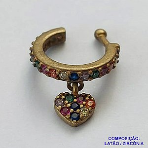 EAR CUFF NO BRUTO PRONTO PARA O BANHO(CX35) - EAR CUFF CORAÇÃO COM MICRO ZIRCÔNIAS COLORIDAS - COMPOSIÇÃO: LATÃO / ZIRCÔNIA - TAMANHO 12MM - PESO TOTAL 0,8GR - (VENDIDO POR UNIDADE) -  BRU13104