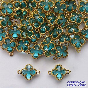 ACESSÓRIO NO BRUTO PRONTO PARA O BANHO - PINGENTE TIPO VAN CLEEF AZUL COM DUAS ARGOLINHAS - COMPOSIÇÃO: LATÃO / VIDRO - TAMANHO 8MM -  (VENDIDO POR UNIDADE) PESO TOTAL 0,5GR - BRU0002443