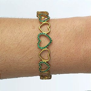 PULSEIRA (BRACELETE) NO BRUTO PRONTO PARA O BANHO (CX40) - CORAÇÕES VAZADOS COM ZIRCÔNIAS VERDES - PESO TOTAL 10GR - BRU13106