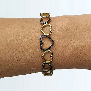 PULSEIRA (BRACELETE) NO BRUTO PRONTO PARA O BANHO (CX20) - CORAÇÕES VAZADOS COM ZIRCÔNIAS AZUIS - PESO TOTAL 10GR - BRU13107