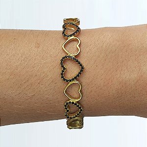 PULSEIRA (BRACELETE) NO BRUTO PRONTO PARA O BANHO (CX40) - CORAÇÕES VAZADOS COM ZIRCÔNIAS PRETAS - PESO TOTAL 10GR - BRU13108