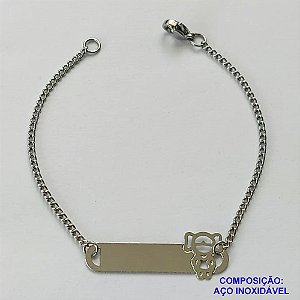 PULSEIRA EM AÇO INOXIDÁVEL - (AÇO01) PULSEIRA INFANTIL MENINA COM PLAQUINHA PARA GRAVAÇÃO - TAMANHO 15CM - FECHO LAGOSTA - COMPOSIÇÃO: AÇO INOXIDÁVEL - AÇO1130
