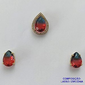 CONJUNTO NO BRUTO PRONTO PARA O BANHO (CX41)- (SEM CORRENTE) - PINGENTE ZIRCÔNIA AZUL  E VERMELHA COM BASE CRAVEJADA COM MICRO ZIRCÔNIAS CRISTAIS E BRINCOS DE PINO COM ZIRCÔNIA - COMPOSIÇÃO: LATÃO E ZIRCÔNIA - PESO TOTAL 6,5GR - BRU13113