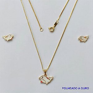 CONJUNTO FOLHEADO A OURO - BANHADO COM 5 MILÉSIMOS + VERNIZ DIAMOND - CONJUNTO INFANTIL COM CORRENTE VENEZIANA 40CM E BRINCOS DE PINO COM PINGENTES DE BALEIA - OURO068