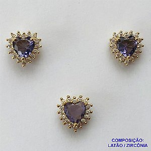 CONJUNTO NO BRUTO PRONTO PARA O BANHO(CX42) - (CX000733 C022) CONJUNTO (SEM CORRENTE) CORAÇÃO CRAVEJADO EM MICROS ZIRCÔNIAS CRISTAIS E ZIRCÔNIA LILÁS 10MM - COMPOSIÇÃO: LATÃO / ZIRCÔNIA - PESO TOTAL 3,2GR - BRU13140