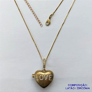 RELICÁRIO NO BRUTO PRONTO PARA O BANHO(CX43) - RELICÁRIO CORAÇÃO COM PALAVRA LOVE CRAVEJADA EM MICROS ZIRCÔNIAS 18X20MM COM CORRENTE VENEZIANA 45CM + EXTENSOR E FECHO LAGOSTA - COMPOSIÇÃO: LATÃO / ZIRCÔNIA - PESO TOTAL 9,8GR - BRU13159