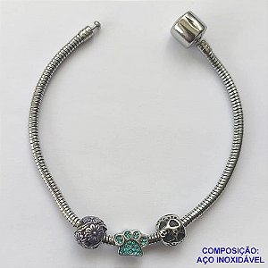 PULSEIRA EM AÇO INOXIDÁVEL(CX35)- PULSEIRA TIPO PANDORA COM FECHO REDONDO E COM DOIS BERLOQUES REDONDOS E UM BERLOQUE PATINHA AZUL - TAMANHO 20CM - COMPOSIÇÃO: AÇO INOXIDÁVEL - AÇO1149