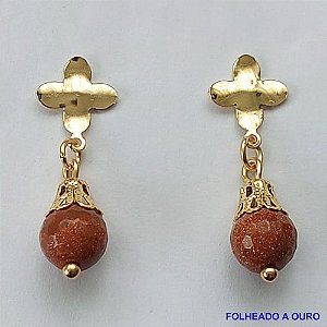BRINCO FOLHEADO A OURO - BANHADO COM 5 MILÉSIMOS + VERNIZ DIAMOND - BRINCO DE PINO PEDRA NATURAL - PEDRA DO SOL - OURO090