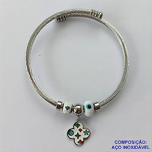 PULSEIRA (BRACELETE) EM AÇO INOXIDÁVEL (CX46)- PULSEIRA COM BERLOQUES EM TREVO E OLHO GREGO - COMPOSIÇÃO: AÇO INOXIDÁVEL - AÇO1163