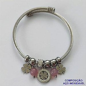 PULSEIRA (BRACELETE) EM AÇO INOXIDÁVEL(CX46) - PULSEIRA COM BERLOQUES EM TREVOS E ZIRCÔNIAS - COMPOSIÇÃO: AÇO INOXIDÁVEL - AÇO1165
