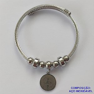 PULSEIRA (BRACELETE) EM AÇO INOXIDÁVEL - (CX46) PULSEIRA COM BERLOQUES REDONDOS E PINGENTE SÃO BENTO - COMPOSIÇÃO: AÇO INOXIDÁVEL - AÇO1167
