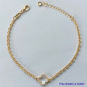 PULSEIRA FOLHEADA A OURO - BANHADO COM 5 MILÉSIMOS + VERNIZ DIAMOND - (PLD068) PULSEIRA COM TREVO TIPO VAN CLEFF EM VIDRO CRISTAL 9MM - TAMANHOS: 16CM + EXTENSOR - OURO094