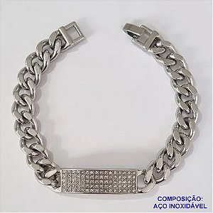 PULSEIRA EM AÇO INOXIDÁVEL 19CM COM PLACA 10MM MICRO ZIRCÔNIAS LARGURA 8MM COM TRAVA (ACPS000336) ACO1200