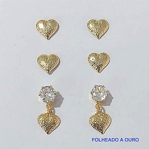BRINCO FOLHEADO A OURO - BANHADO COM 5 MILÉSIMOS + VERNIZ DIAMOND - (BRT061D)TRIO DE BRINCOS PINO DE ZIRCÔNIA E CORAÇÃO 5MM - OURO115