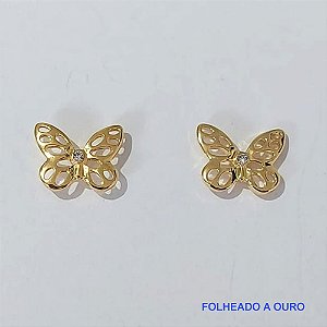 BRINCO FOLHEADO A OURO - BANHADO COM 5 MILÉSIMOS + VERNIZ DIAMOND - (BRJ3225) BRINCO DE PINO BORBOLETA VAZADA 12MM - OURO116