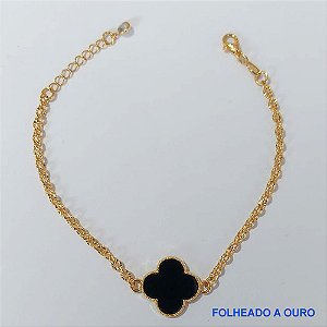 PULSEIRA FOLHEADA A OURO - BANHADO COM 5 MILÉSIMOS + VERNIZ DIAMOND - (PLD045) PULSEIRA TREVO PRETO 16MM - TAMANHOS: 16CM + EXTENSOR - OURO164