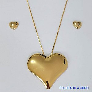 CONJUNTO FOLHEADO A OURO - BANHADO COM 5 MILÉSIMOS + VERNIZ DIAMOND - CONJUNTO  COM CORRENTE VENEZIANA 45CM E BRINCOS DE PINO CORAÇÃO 8MM COM PINGENTE DE CORAÇÃO 40MM - OURO166