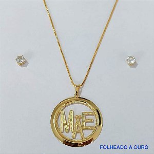 CONJUNTO FOLHEADO A OURO - BANHADO COM 5 MILÉSIMOS + VERNIZ DIAMOND -(CJB643) CONJUNTO  COM CORRENTE VENEZIANA 45CM E BRINCOS DE PINO ZIRCÔNIA 5MM COM PINGENTE DE  CÍRCULO MÃE 30MM - OURO167