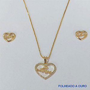CONJUNTO FOLHEADO A OURO - BANHADO COM 5 MILÉSIMOS + VERNIZ DIAMOND -(CJB715) CONJUNTO  COM CORRENTE VENEZIANA 45CM E BRINCOS DE PINO CORAÇÃO 11MM COM PINGENTE CORAÇÃO LOVE 19MM - OURO168