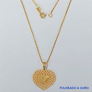GARGANTILHA FOLHEADA A OURO - BANHADO COM 5 MILÉSIMOS + VERNIZ DIAMOND -(PG355ZD CORRENTE VENEZIANA 45CM E PINGENTE CORAÇÃO 21MM - FECHO REDONDO - OURO172