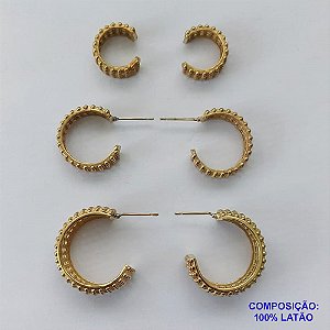 BRINCO NO BRUTO PRONTO PARA O BANHO(CX52) - BRINCO DE TRIO ARGOLA DETALHES VAZADOS - TAMANHOS: 16/21/25MM - PESO TOTAL 14,6GR - BRU13341