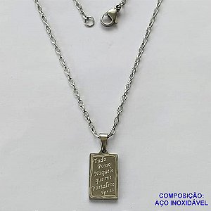 GARGANTILHA EM AÇO INOXIDÁVEL - (AÇO012) GARGANTILHA COM PINGENTE RETANGULAR TUDO POSSO NAQUELE QUE ME FORTALECE 16MM - COMPRIMENTO: 50CM - FECHO LAGOSTA - ACO1224