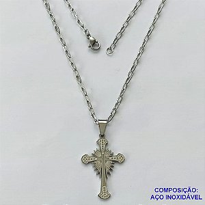 GARGANTILHA EM AÇO INOXIDÁVEL(CX55) - (AÇO012) GARGANTILHA COM PINGENTE CRUCIFIXO 34MM - COMPRIMENTO: 50CM - FECHO LAGOSTA - ACO1226