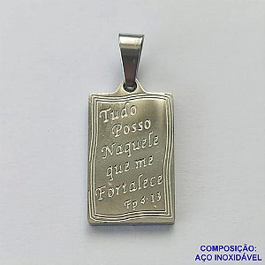 PINGENTE EM AÇO INOXIDÁVEL(CX54) - PINGENTE RETANGULAR TUDO POSSO NAQUELE QUE ME FORTALECE 10X17MM - AÇO1250