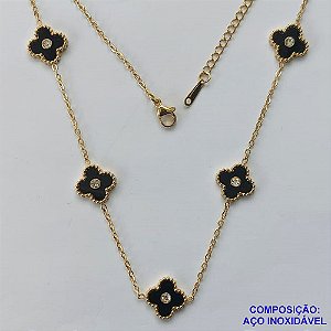 GARGANTILHA EM AÇO INOXIDÁVEL(CX66) - GARGANTILHA EM AÇO INOXIDÁVEL DOURADO COM PINGENTES TIPO VAN CLEEF PRETOS COM ZIRCÔNIA 13MM - TAMANHO: 45CM + EXTENSOR - FECHO LAGOSTA - COMPOSIÇÃO: AÇO INOXIDÁVEL - GARANTIA 06 MESES - AÇO1257