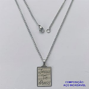 GARGANTILHA EM AÇO INOXIDÁVEL(CX60) - GARGANTILHA COM PINGENTE PLACA RETANGULAR JESUS TE AMA 15X20MM - TAMANHO: 45CM - COMPOSIÇÃO: AÇO INOXIDÁVEL - AÇO1282