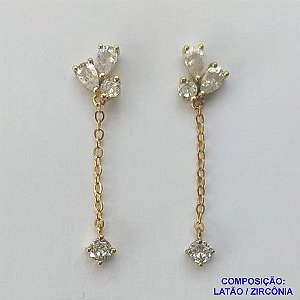 BRINCO NO BRUTO PRONTO PARA O BANHO(CX69) - (BX002704 W) BRINCO FLOR COM ZIRCÔNIAS CRISTAIS CORRENTE 6X29MM - PESO TOTAL 1,6GR - BRU13402