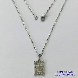 GARGANTILHA EM AÇO INOXIDÁVEL (CX63)- (AÇO012) GARGANTILHA COM PINGENTE JESUS É O DONO DO LUGAR 12X19MM - COMPRIMENTO: 50CM - FECHO LAGOSTA - AÇO1288