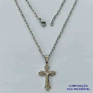 GARGANTILHA EM AÇO INOXIDÁVEL(CX63) - (AÇO013) GARGANTILHA COM PINGENTE CRUCIFIXO EM ALTO RELEVO 18X30MM - COMPRIMENTO: 50CM - FECHO LAGOSTA - AÇO1290