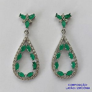 BRINCO NO BRUTO PRONTO BANHO(CX65) - BRINCO DE PINO GOTA VAZADA CRAVEJADA EM ZIRCÔNIAS 17X43MM - PESO TOTAL 6GR - BRU13418