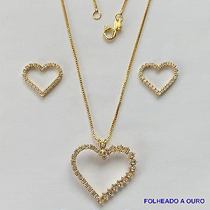 CONJUNTO FOLHEADO A OURO - BANHADO COM 5 MILÉSIMOS + VERNIZ DIAMOND - (CJA764) CONJUNTO COM CORRENTE VENEZIANA 45CM E PINGENTES CORAÇÃO VAZADOS CRAVEJADOS EM MICROS ZIRCÔNIAS 15/24MM - FECHO REDONDO - OURO180