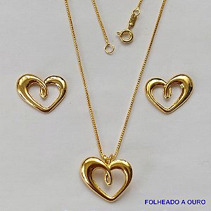 CONJUNTO FOLHEADO A OURO - BANHADO COM 5 MILÉSIMOS + VERNIZ DIAMOND - (CJB777) CONJUNTO COM CORRENTE VENEZIANA 45CM E PINGENTES CORAÇÃO VAZADOS 16MM - FECHO REDONDO - OURO181